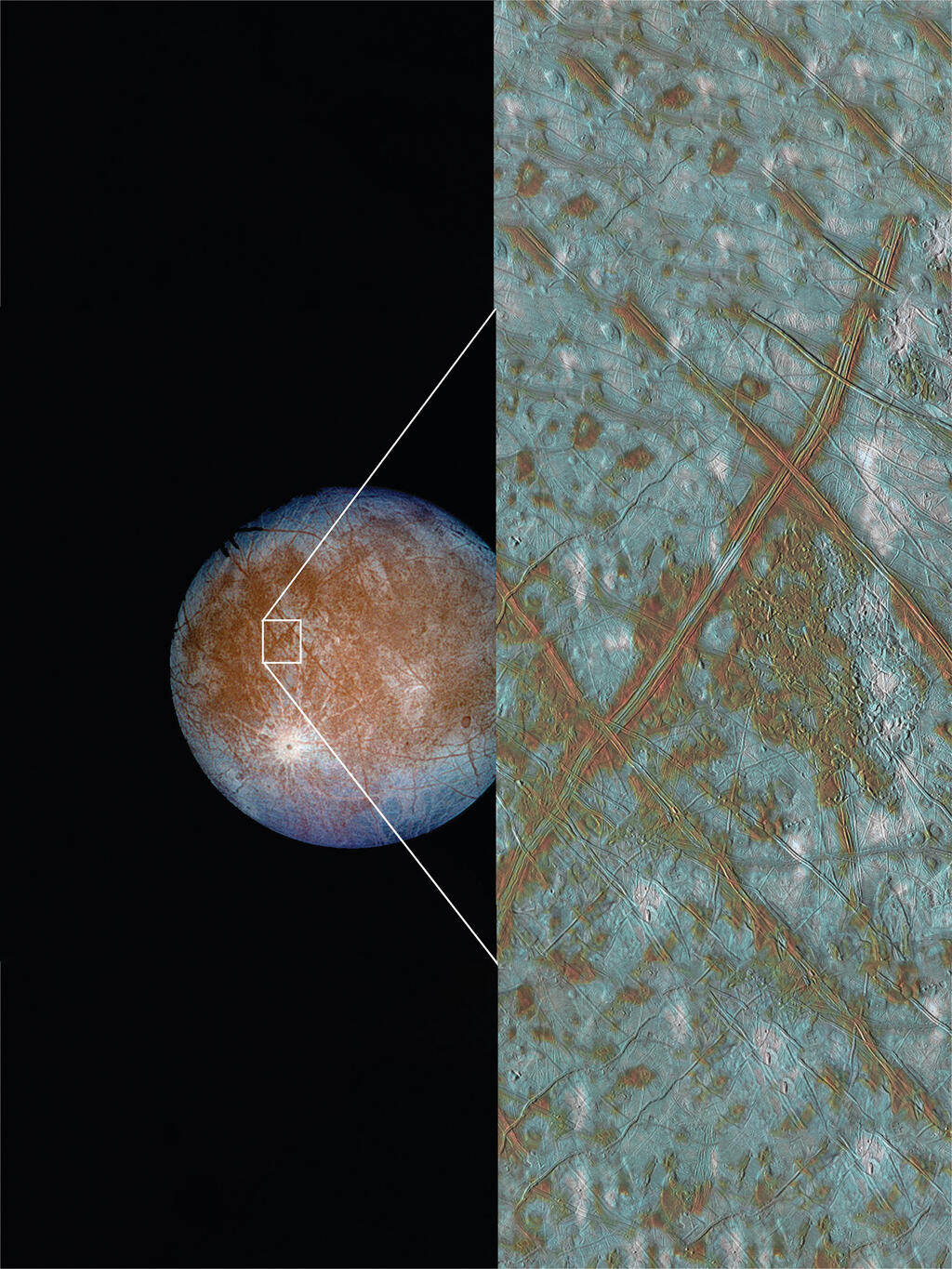 Photo of Europa with a cross-section of the moon magnified to show the surface 
