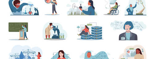 Illustrations of women doing STEM science
