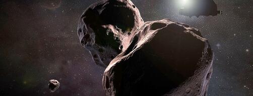 An artist's impression of NASA's New Horizons spacecraft encountering Ultima Thule (2014 MU69) against a dark sky