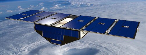 Artist concept of CYGNSS in orbit above planet earth