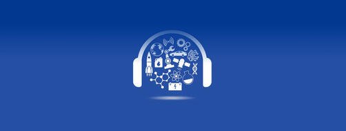 Technology Today Podcast logo, white headphones and science symbols on a bold blue background