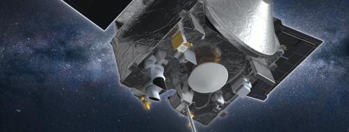 Artist’s conception of NASA’s OSIRIS-REx spacecraft collecting a sample from the asteroid Bennu.