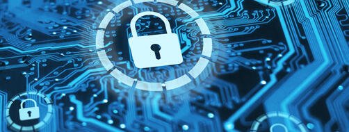 Cybersecurity concept locks on blue integrated circuit