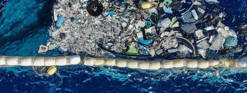 Aerial photo of plastic waste pulled from the Great Pacific Garbage Patch, the largest ocean plastic accumulation zone in the world