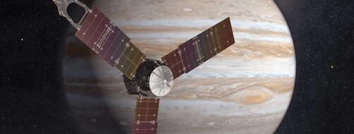 Juno spacecraft in front of Jupiter