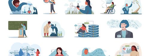 Illustrations of women doing STEM science