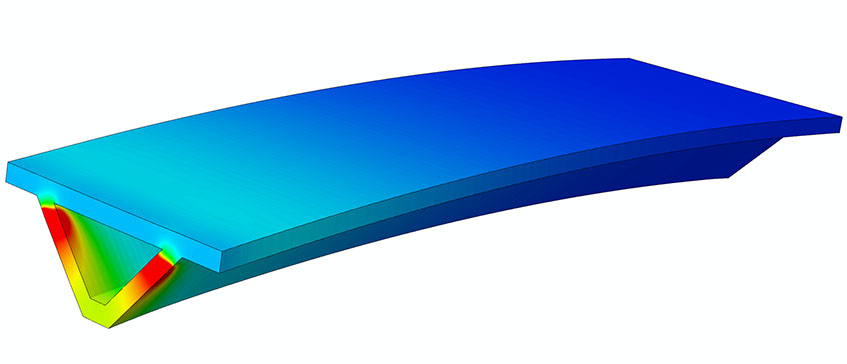 A long aerospace component outline colored according to its thermal profile