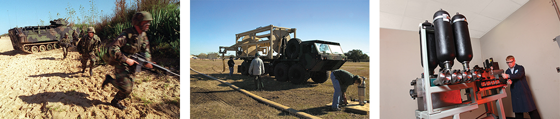 Logistical Report Three images showcasing the military, military vehicles, and testing engine 