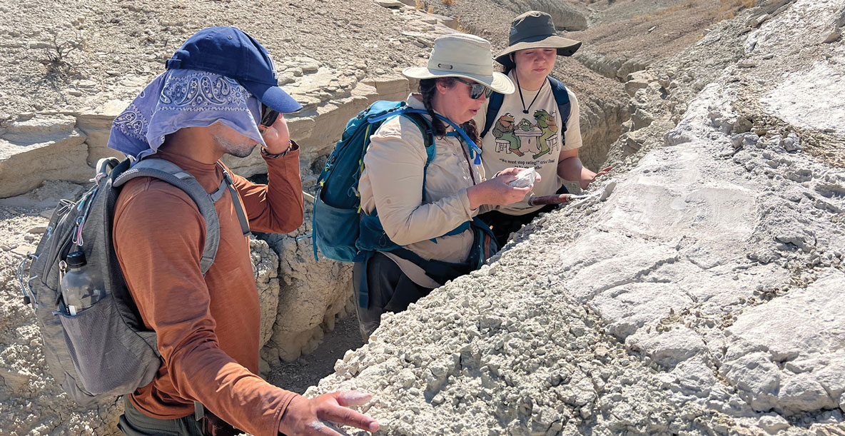 Photo of three SwRI and UTD researchers conducting field work in Clayton Valley, Nevada