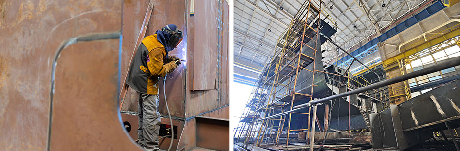 Two photos of dry dock ship building and welding. Left shows ship building, right show a welder working on ship frame.